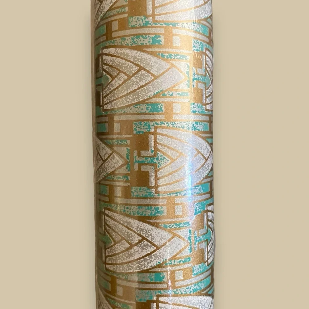 NOS NEW 2 Rolls Wallpaper Art Deco Aqua & Gold DOUBLE ROLLS